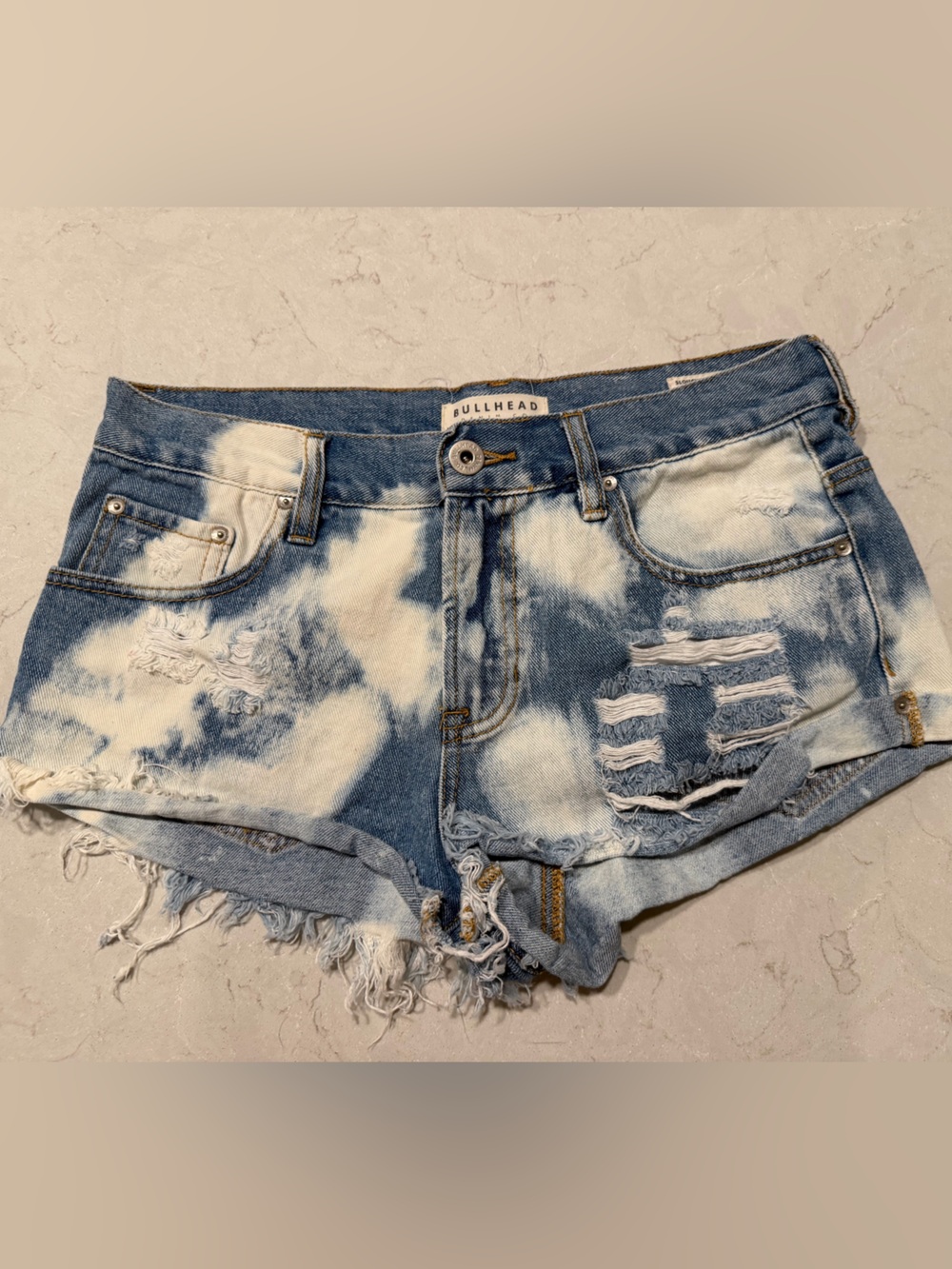Bullhead Light Blue and White Denim Shorts with Contrast Stitching